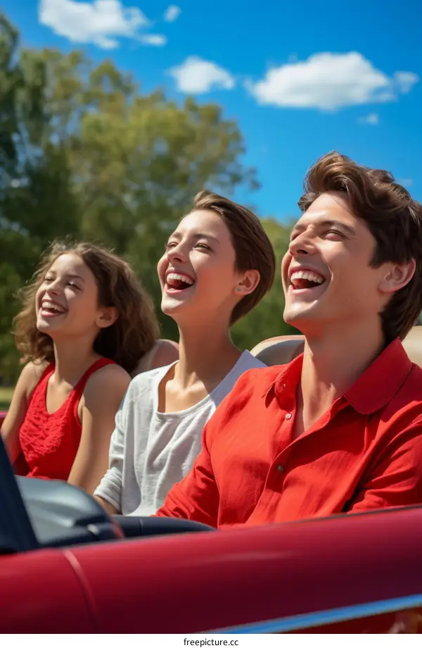Three young people laughing in a red car