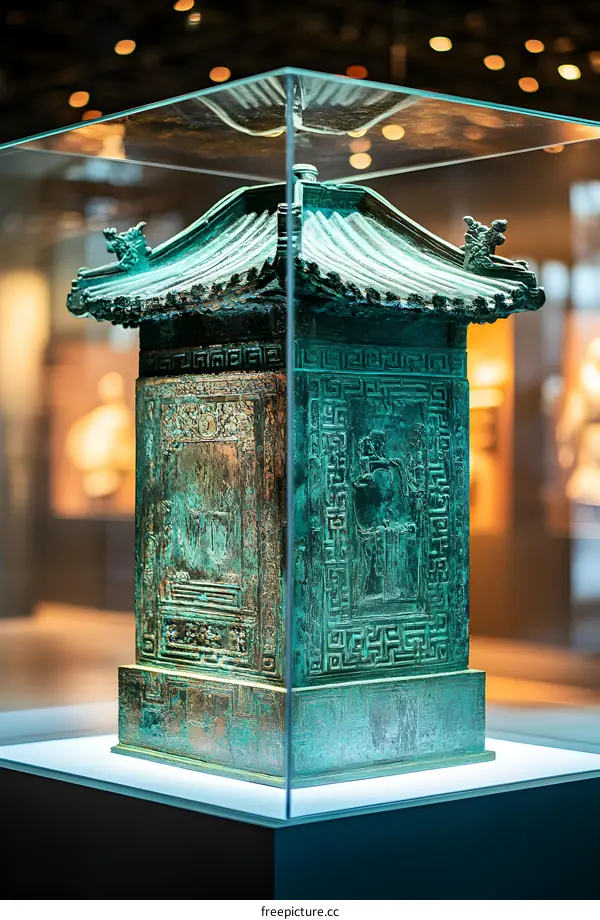 Ancient Chinese Bronze Artifact On Display In Museum Case