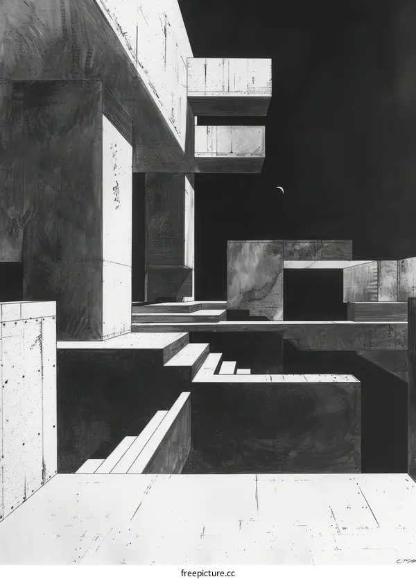 Black and white etching of a building with a crescent moon in the background