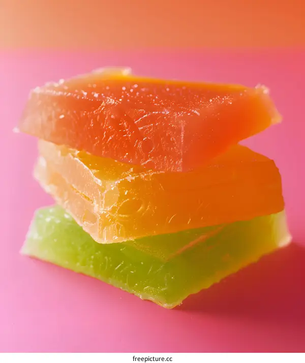 Three pieces of colorful gelatin dessert stacked on top of each other