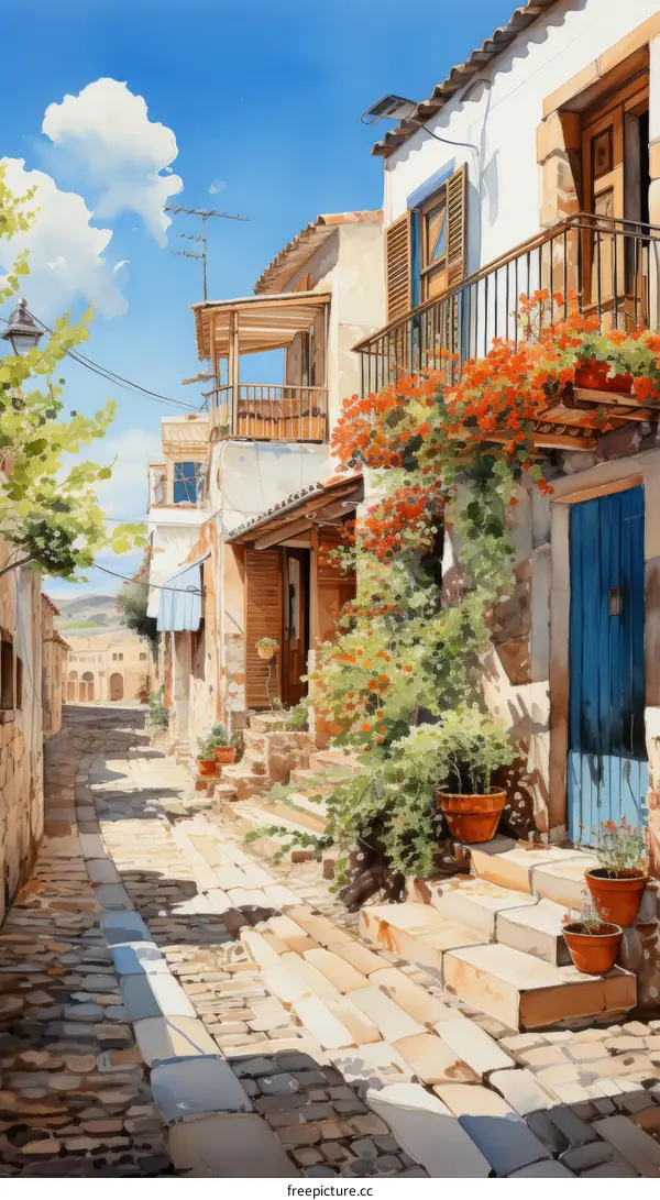 A narrow street with stone buildings and blue doors
