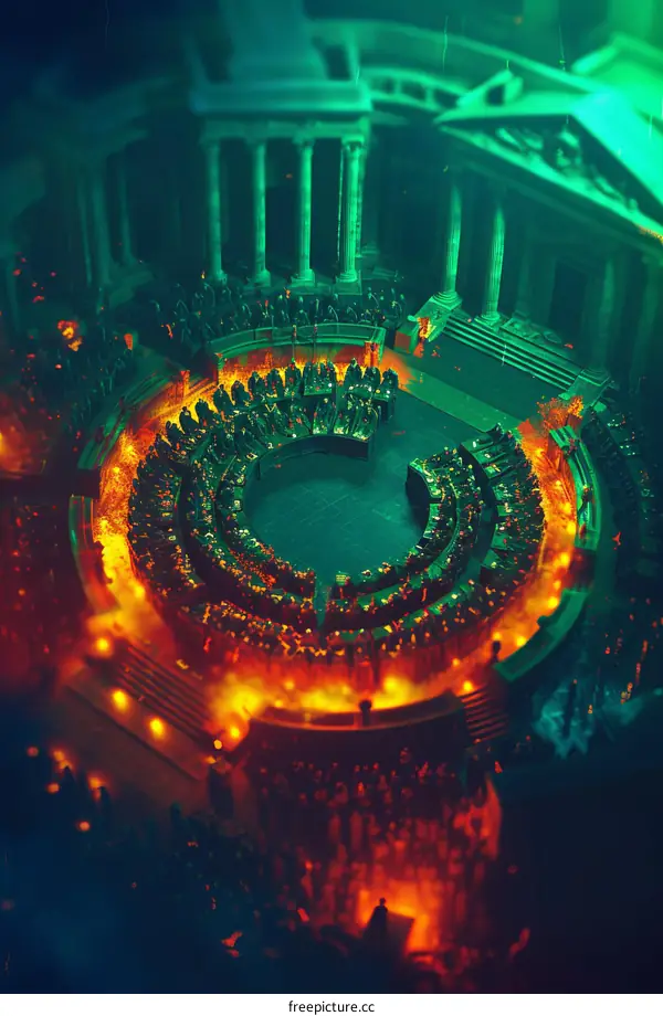 A group of people in a Roman amphitheater are watching a gladiator fight.