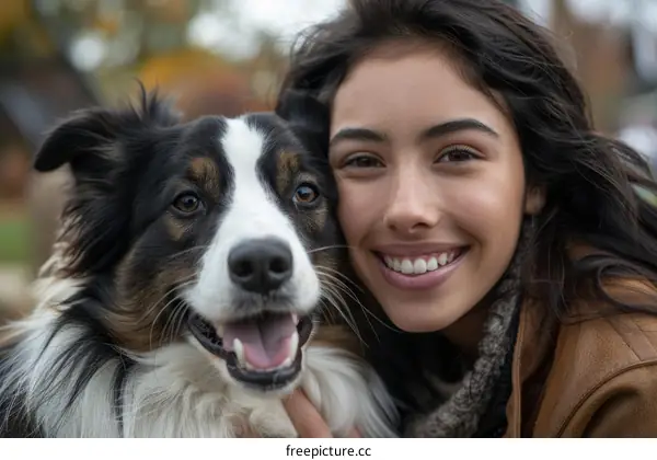 A young woman is smiling with her dog.
