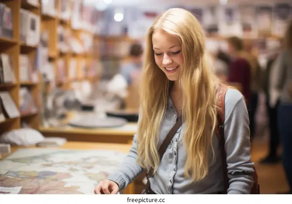 Young woman looking at a map in a bookstore