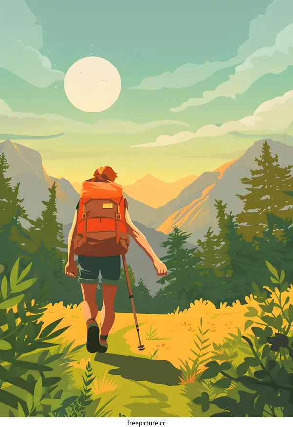 Backpacker Walking Through Mountains at Sunset