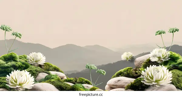 Green Mossy Stones and White Flowers in Front of Mountain Range