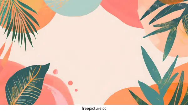 Abstract Tropical Leaves Illustration with Pink and Orange Background