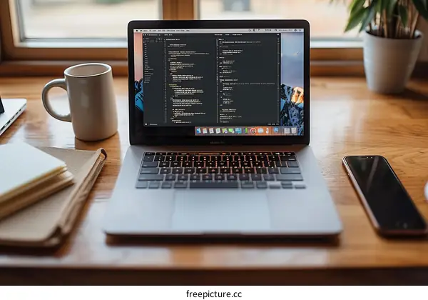 A programmer's desk with a laptop, a notebook, a coffee cup, a plant, and a smartphone
