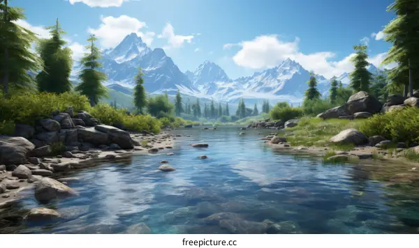 Mountains, river and trees in the beautiful nature