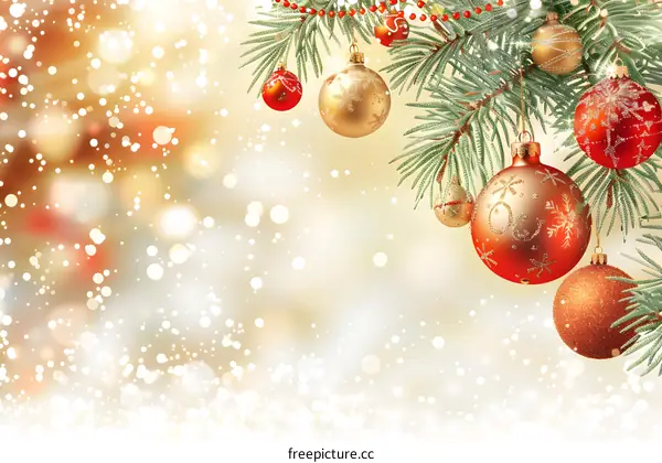 Christmas ornaments hanging on a fir tree branch