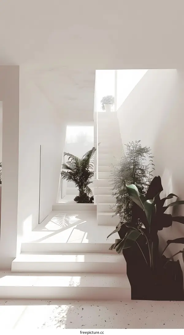 Minimalist White Staircase with Green Plants