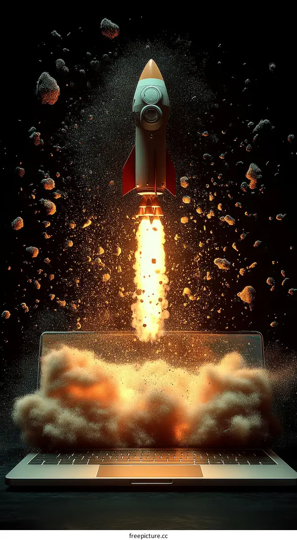 Rocket Launch Exploding Laptop Illustration