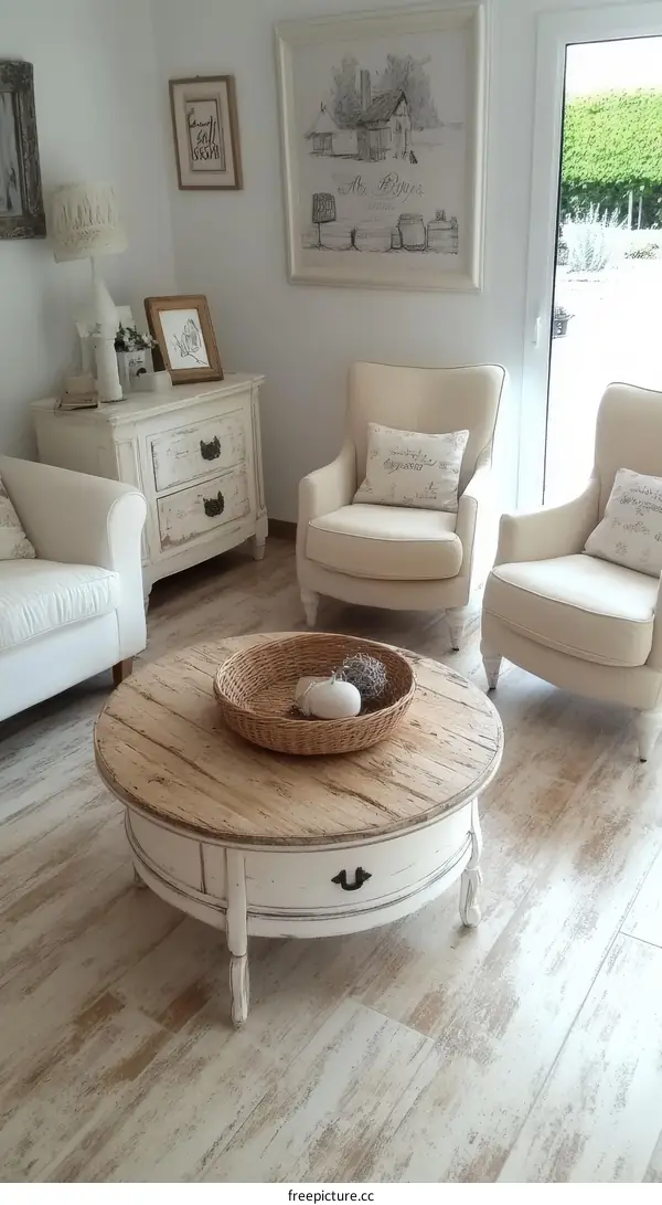 Elegant White Living Room with Round Wooden Coffee Table