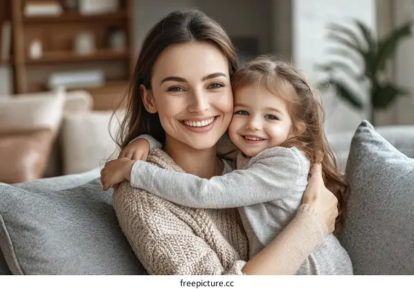 Mother and Daughter Embrace in Cozy Home