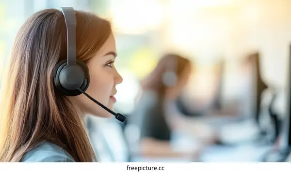Asian Woman Wearing Headset in Office