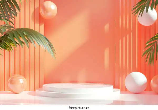 Minimalist 3D Render of White Platform With Peach Background and Palm Leaves