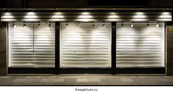 Closed Shop Window with Blinds and Spotlights at Night