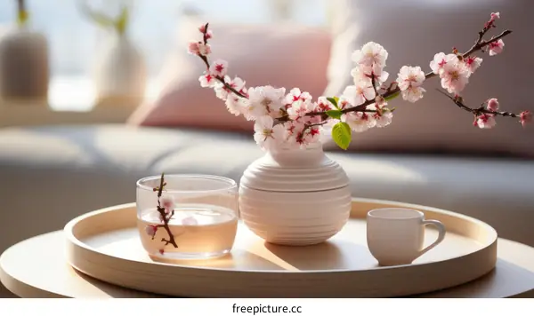 A beautiful composition of cherry blossoms in a vase, a glass of water, and a teacup on a wooden table.