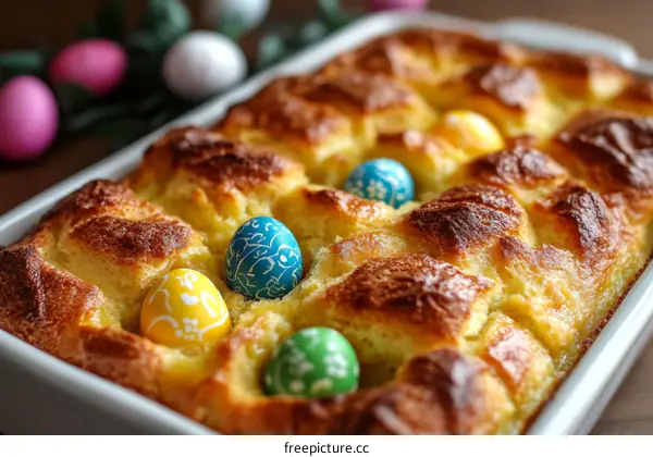 Delicious Easter Bread Pudding with Decorated Eggs