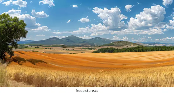 Golden Wheat Field Under Blue Sky with Mountains in the Background