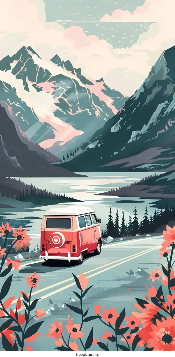 Vintage Van Driving Through Mountain Landscape