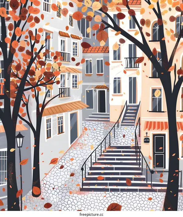 Autumn Leaves Falling on Cobblestone Street in European City