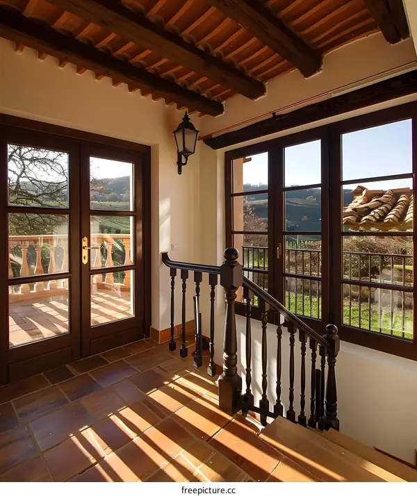 Interior Design of a Rustic House with Wooden Beams and Staircase