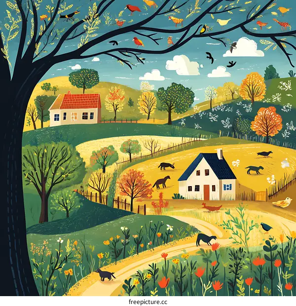 Colorful Countryside Illustration with Houses, Trees and Birds