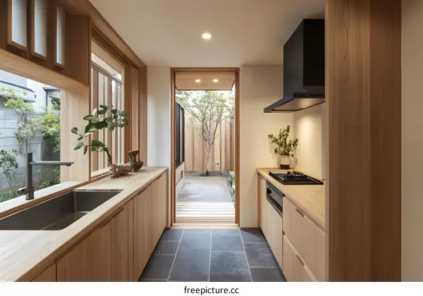 Modern Minimalist Kitchen Design With Wooden Cabinets and a Window View