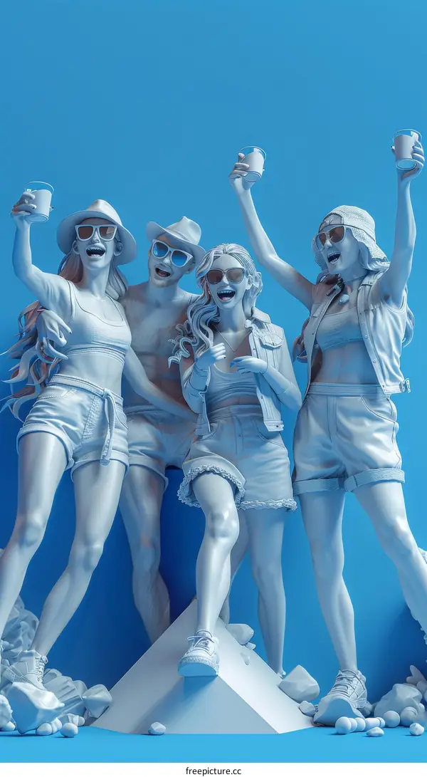 Four cheerful young people celebrating with drinks in the air