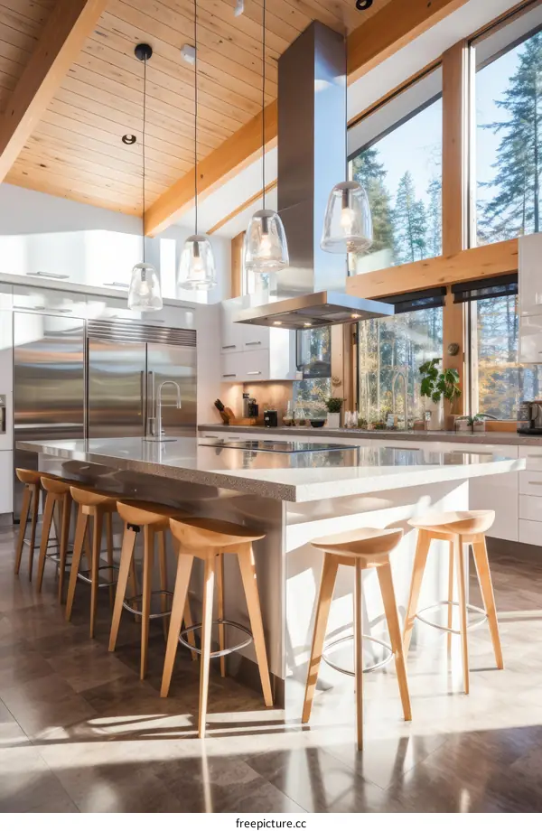 Modern kitchen interior design with large windows and wooden furniture