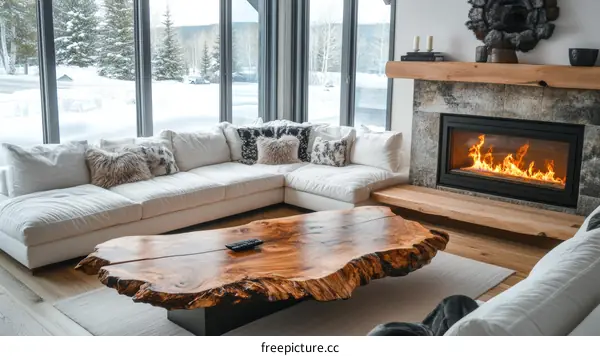 Modern Cozy Living Room with Snowy Landscape View