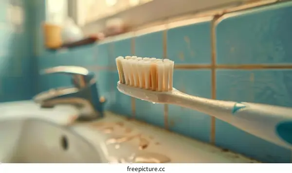 Close-up of a used toothbrush on a blue tiled background