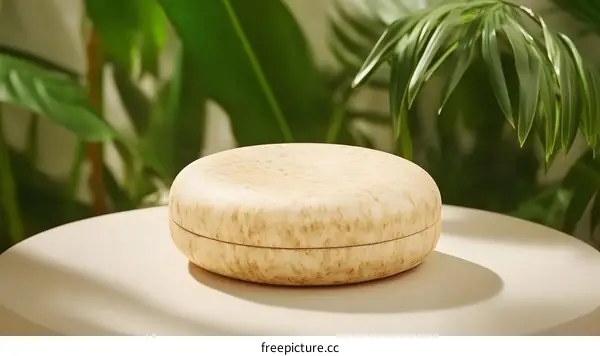 Wooden Product Display on Beige Table with Green Background