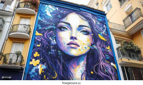Large-Scale Mural of a Woman in Vibrant Colors