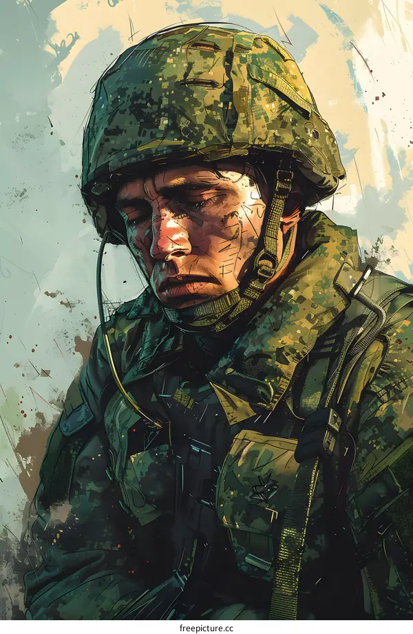 Military Soldier Portrait with Helmet and Camo Uniform