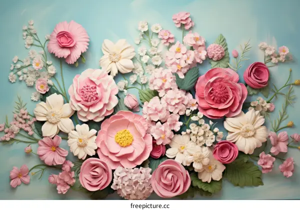 Pink and white flowers of various types on a blue background