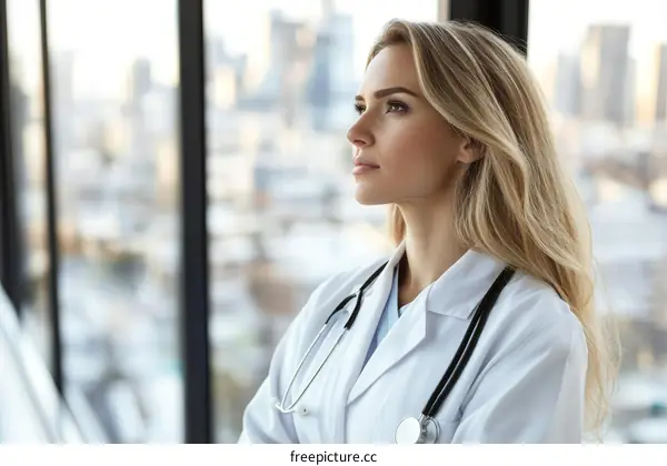 Female Doctor Contemplating Cityscape