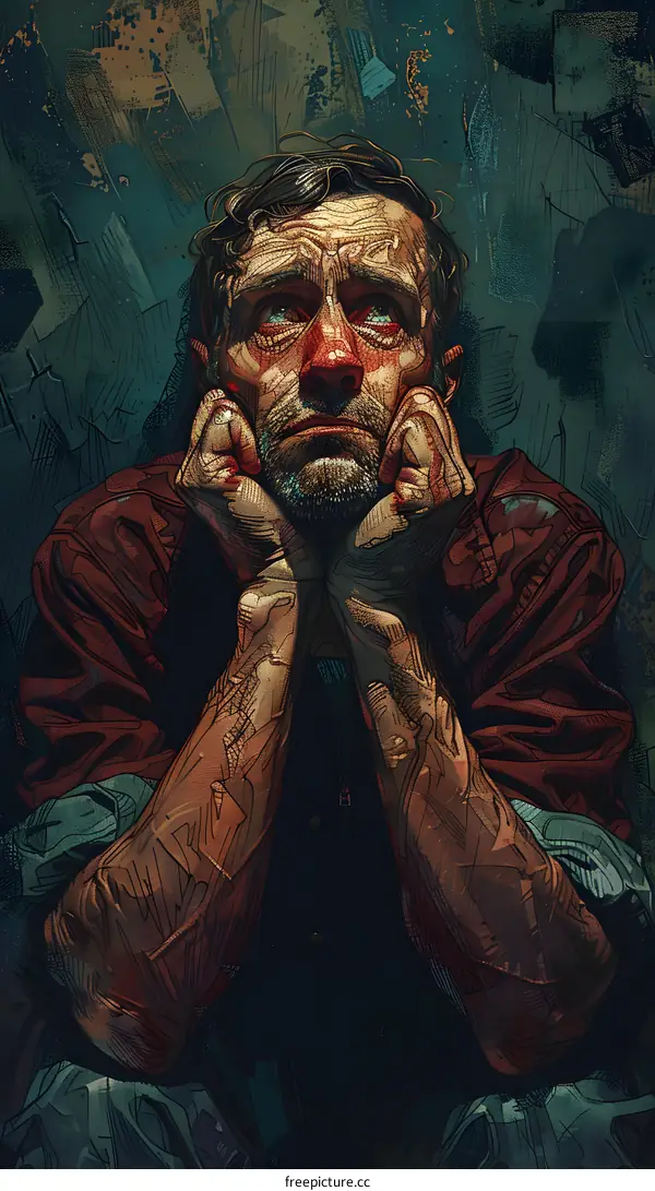 A man with tattoos on his arms and face is holding his head in his hands and looking upwards