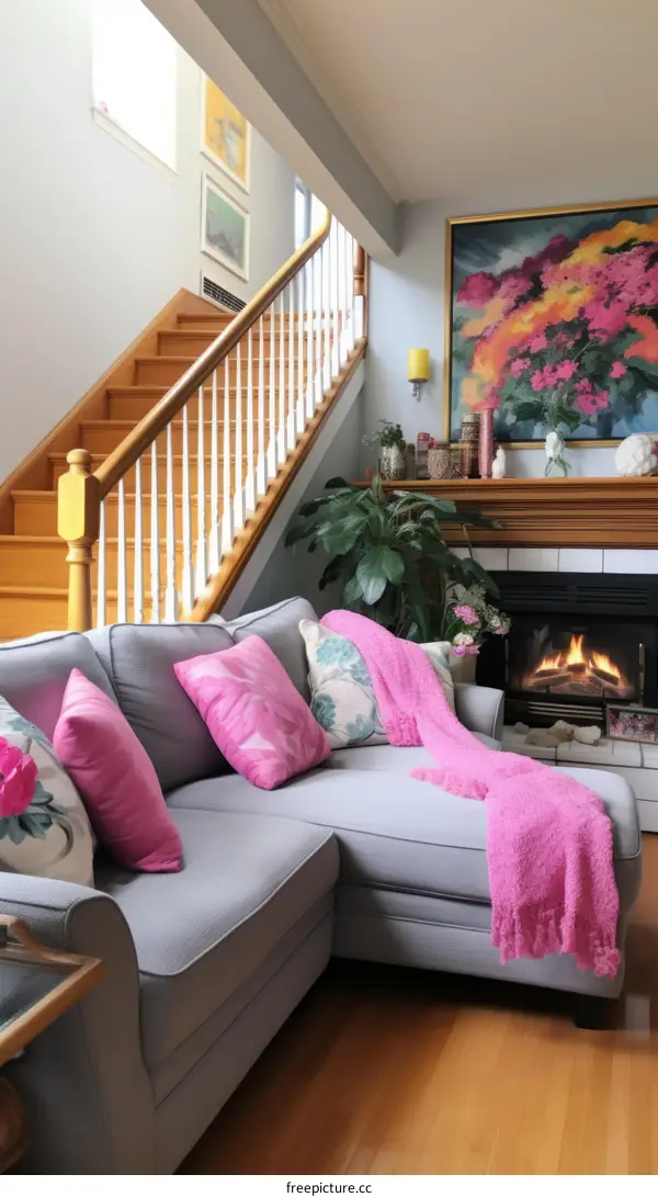 A cozy living room with a fireplace, sofa, and staircase