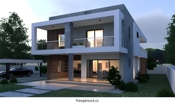 Modern House Exterior Design with Balcony and Lawn