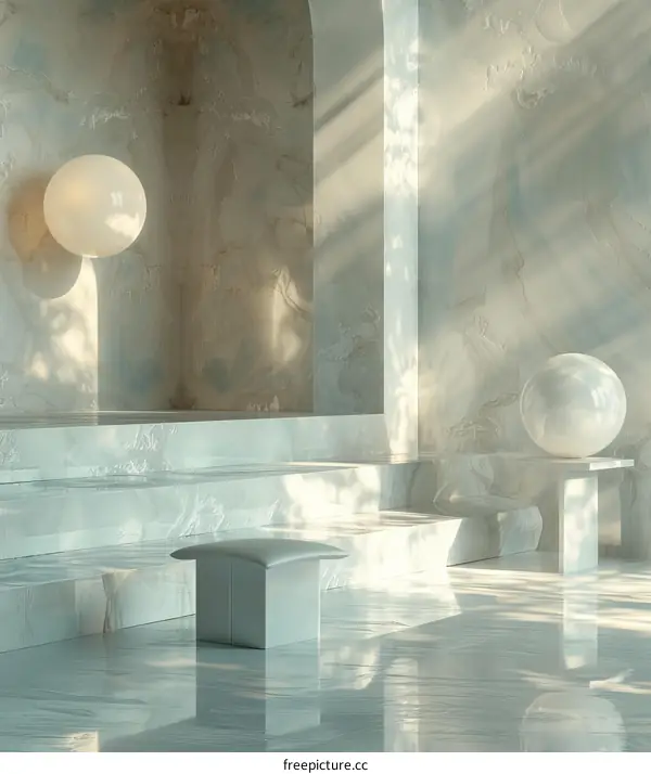 Marble room with surreal lighting and geometric shapes