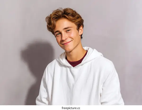 Smiling Teenager in a White Hoodie Against a Gray Background