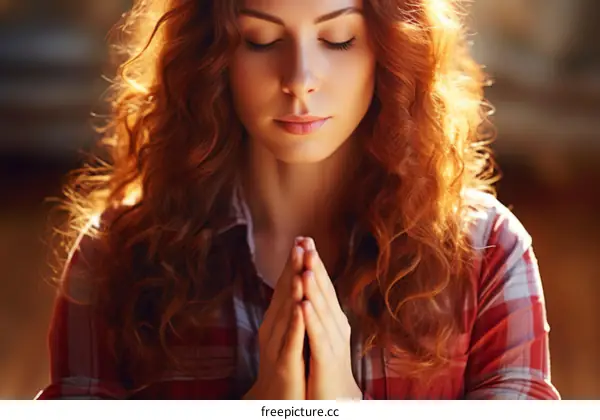 Young redhead woman praying with eyes closed