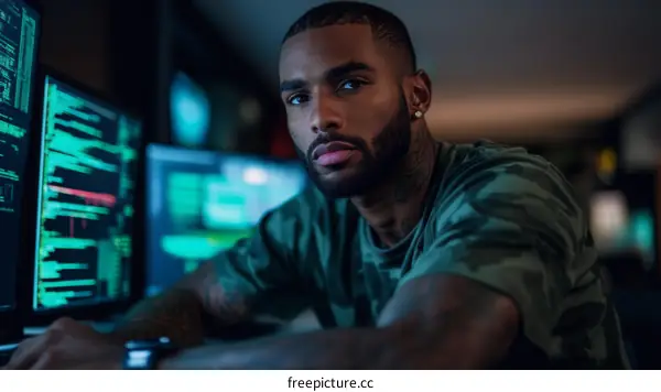 Focused Black Man Working at Computers