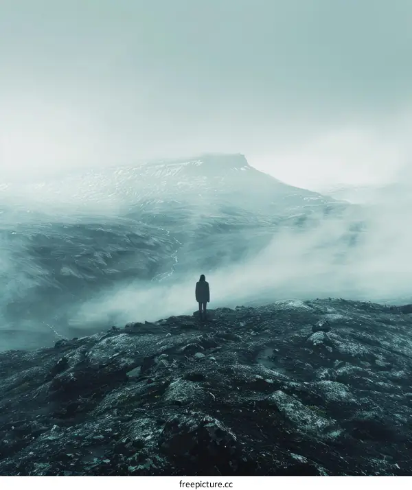 Man standing alone on top of a mountain looking out at a vast foggy landscape