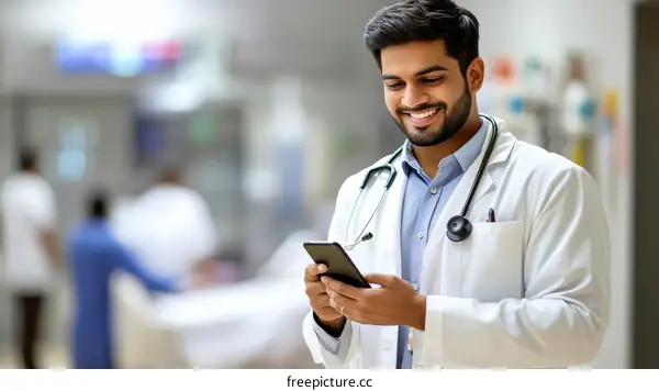 Smiling Doctor Using Smartphone in Hospital