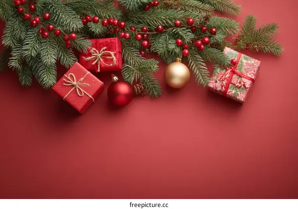 Christmas Festive Decoration on Red Background
