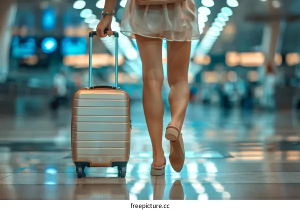 Woman in a white dress walking through an airport with her luggage