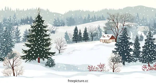 Winter Landscape Illustration with Snow Covered House and Forest